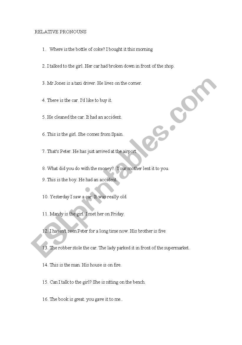 relative sentences worksheet