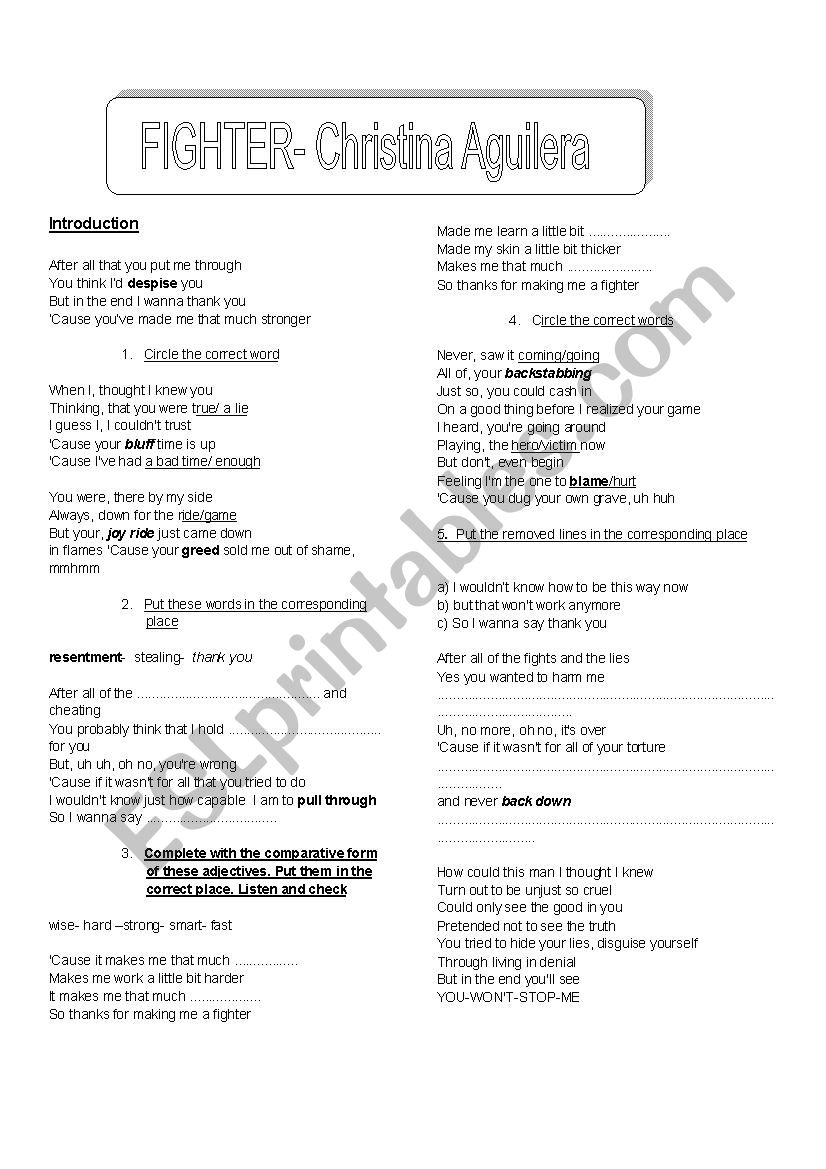 FIGHTER- CHRISTINA AGUILERA worksheet