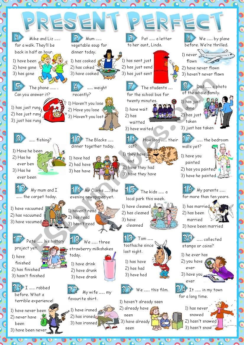 Present Perfect practise - multiple choice *Greyscale + Key included*