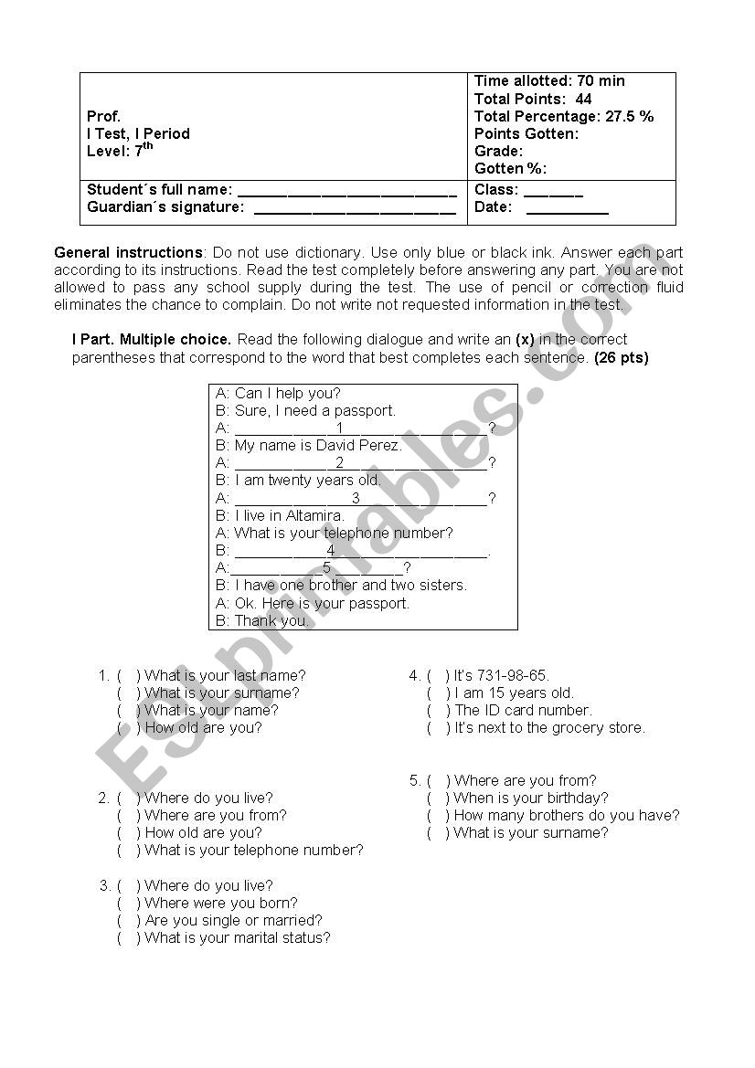 Reading test for 7th level worksheet