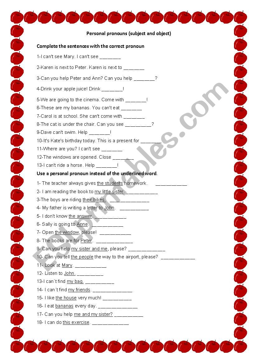 Personal pronouns worksheet