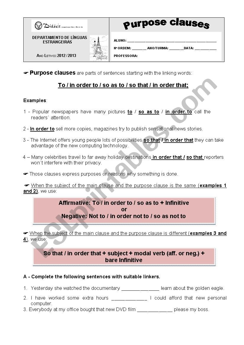 Purpose clauses worksheet