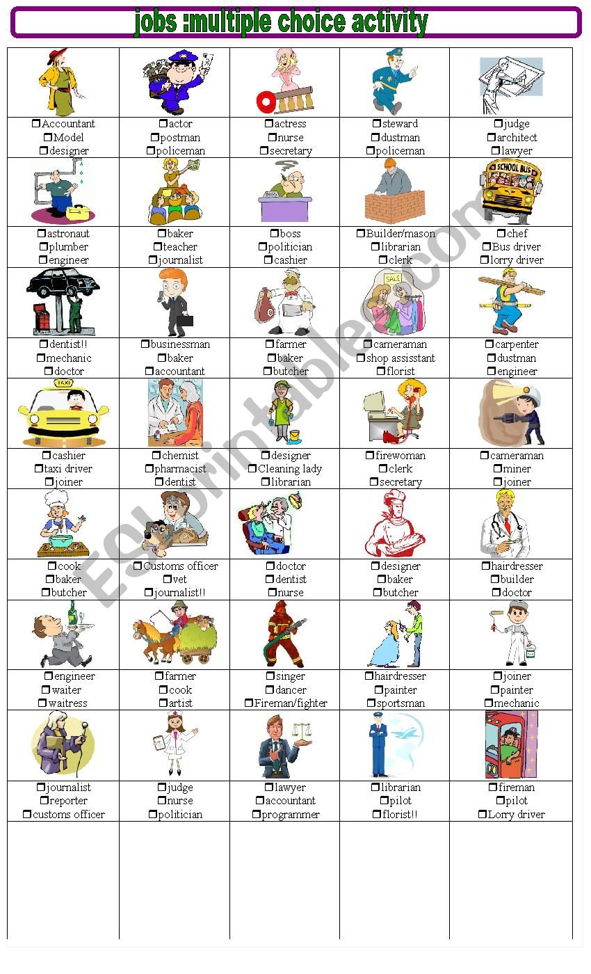 JOBS MULTIPLE CHOICE ACTIVITY worksheet