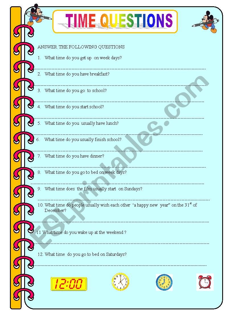 Time questions worksheet