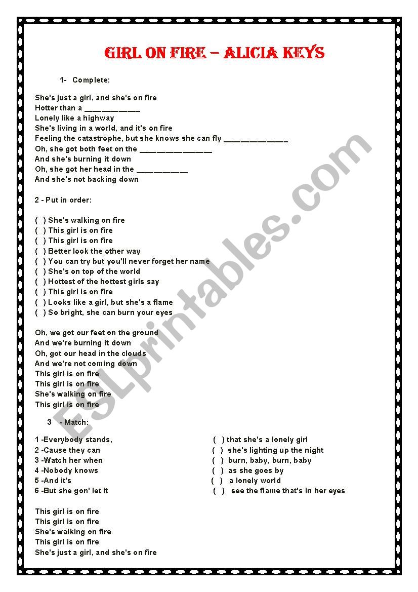 GIRL ON FIRE worksheet