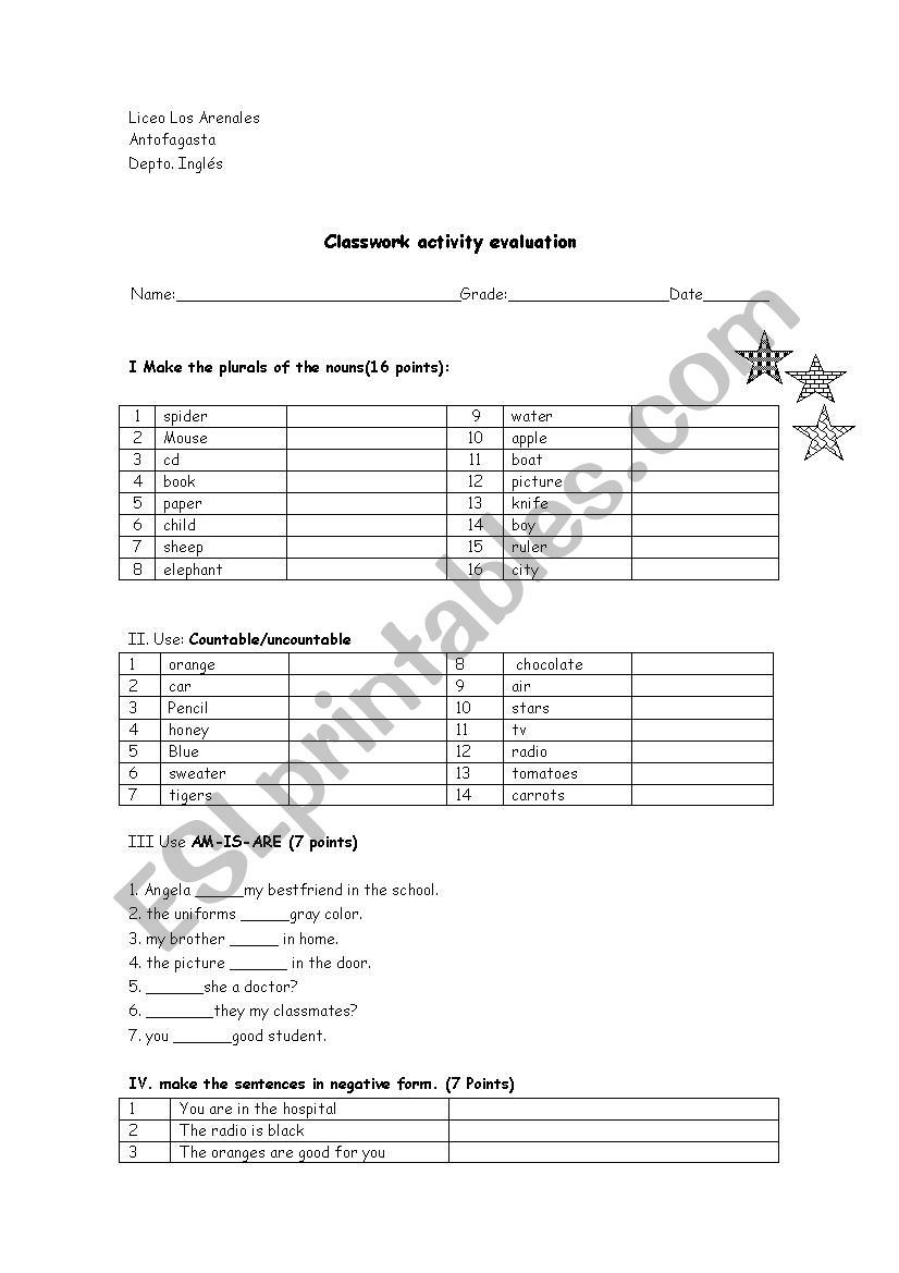 exercises of plurals countables and to be