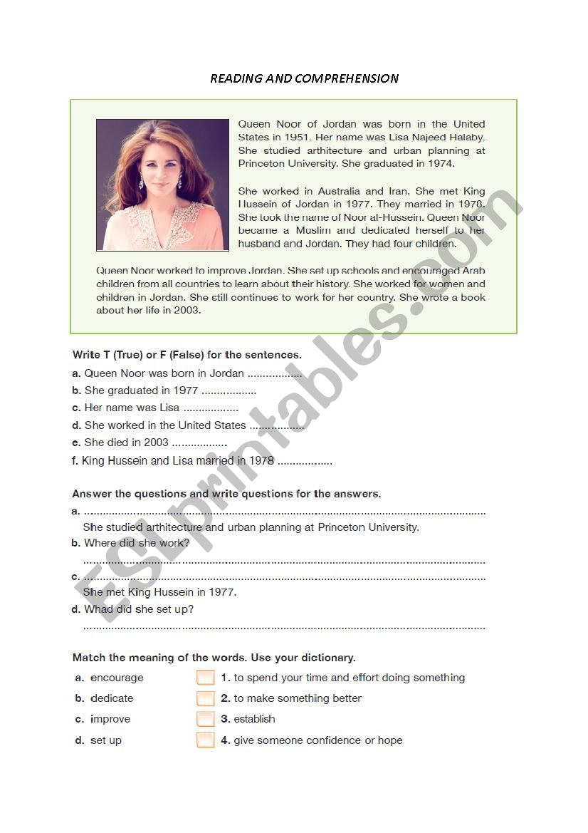 Reading comprehension worksheet