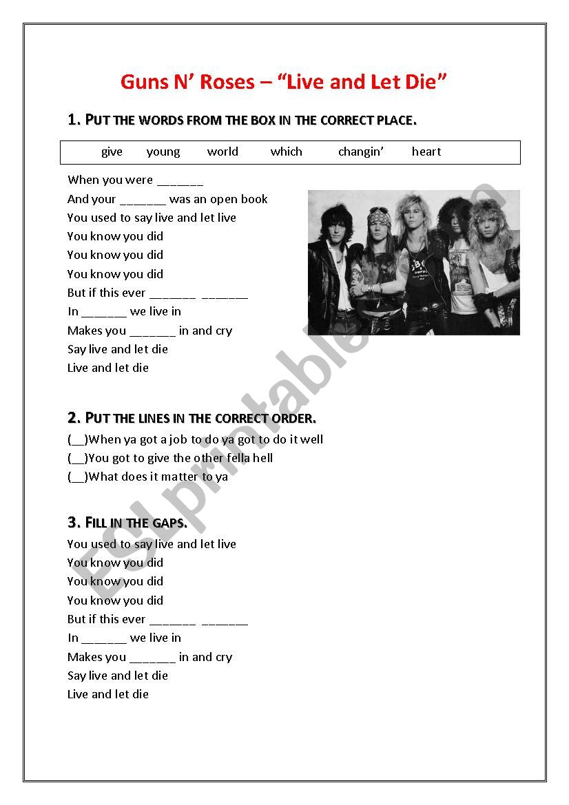 Guns N Roses Live And Let Die Lyrics Worksheet Esl Worksheet By Adriennes 19