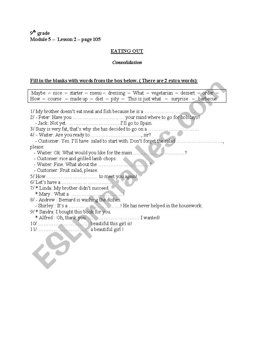 EATING OUT - Module 5, Lesson 2, 9th gr.( Consolidation)
