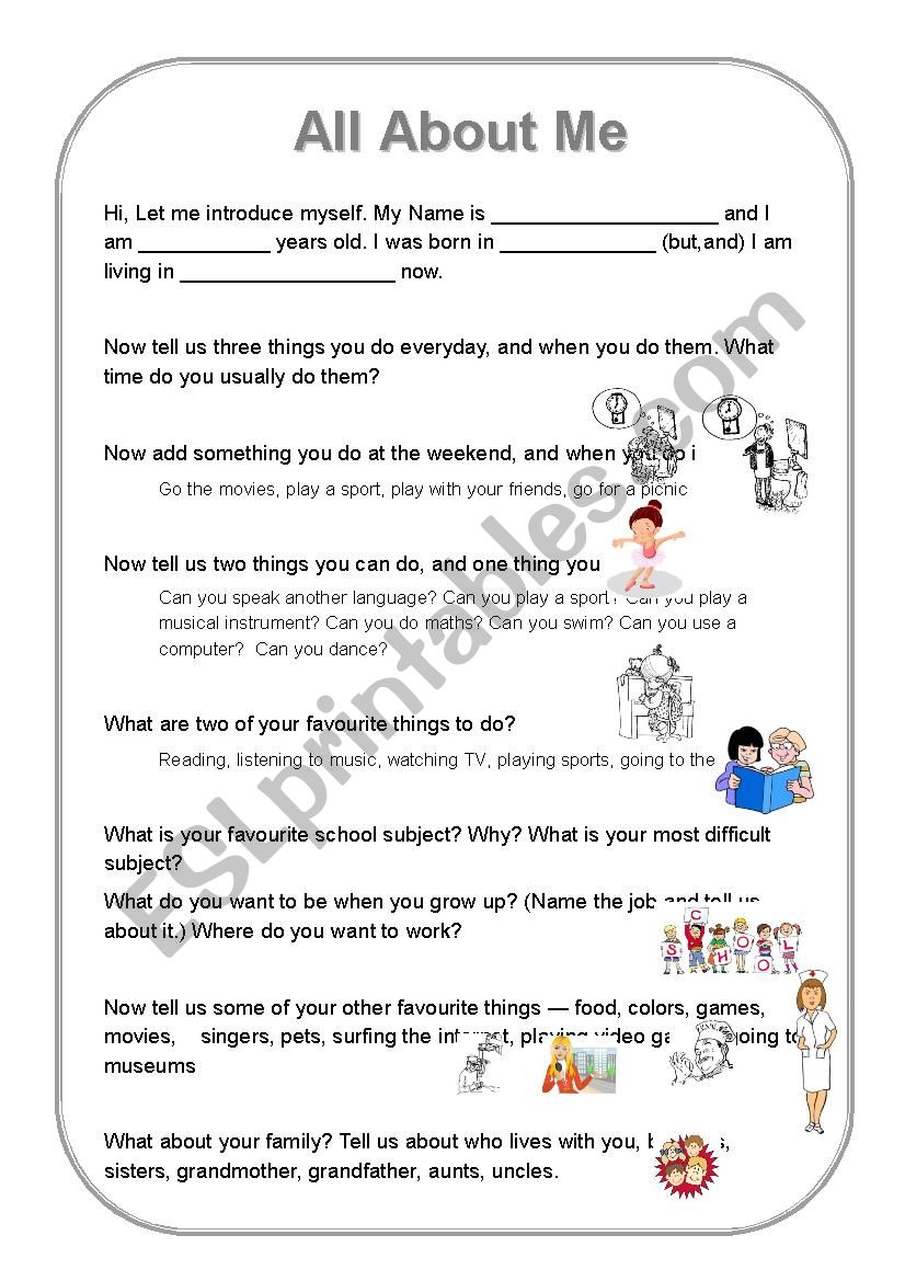 All About Me worksheet