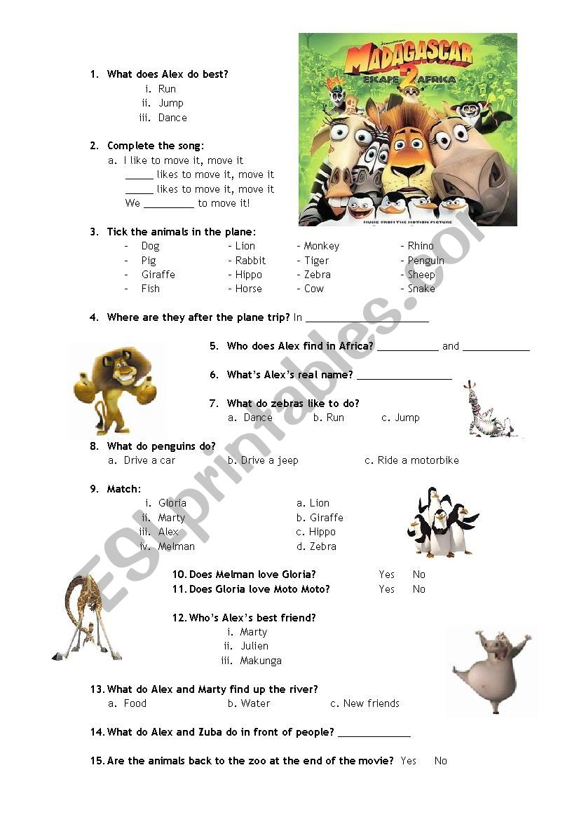 Magadascar 2 worksheet