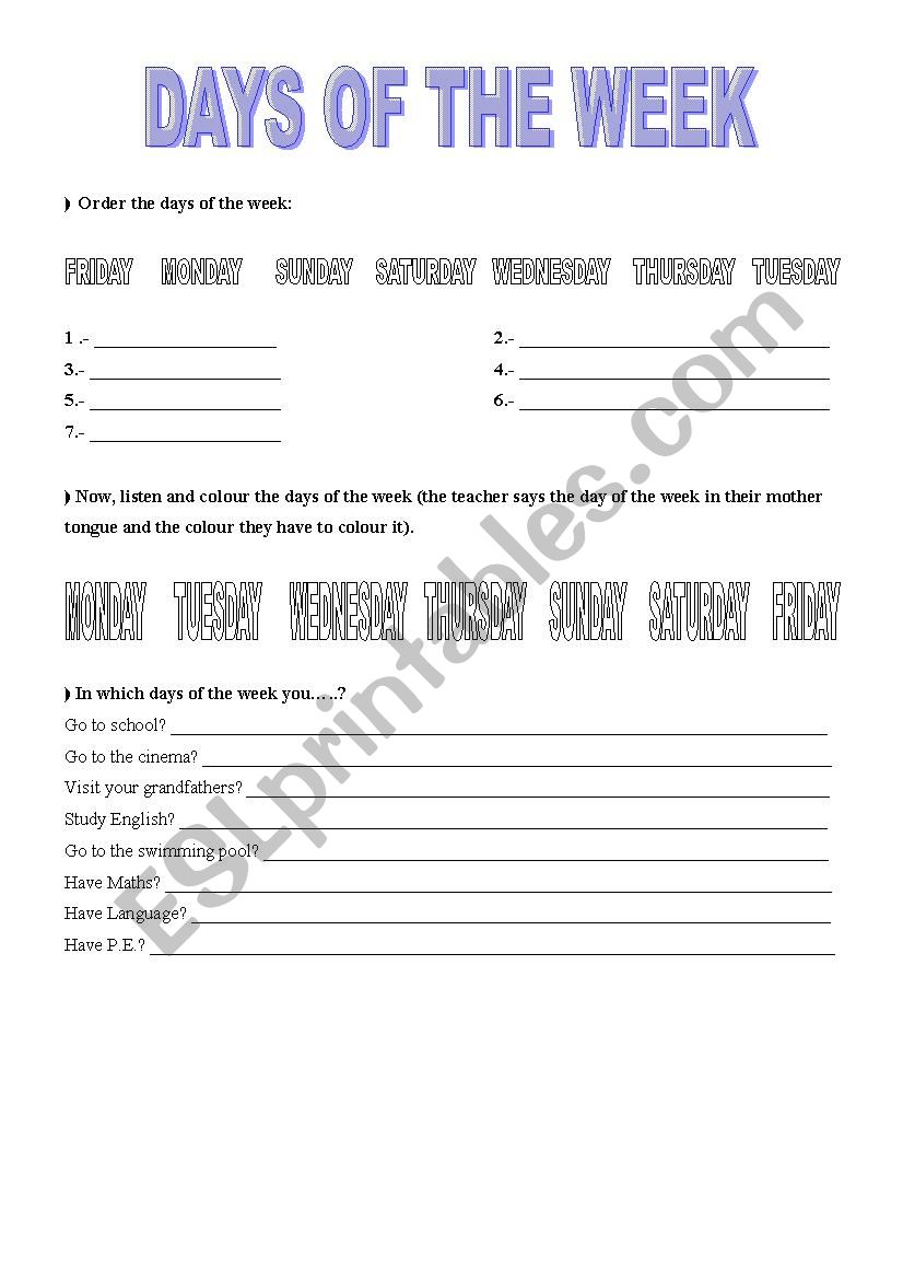 Days of the week worksheet