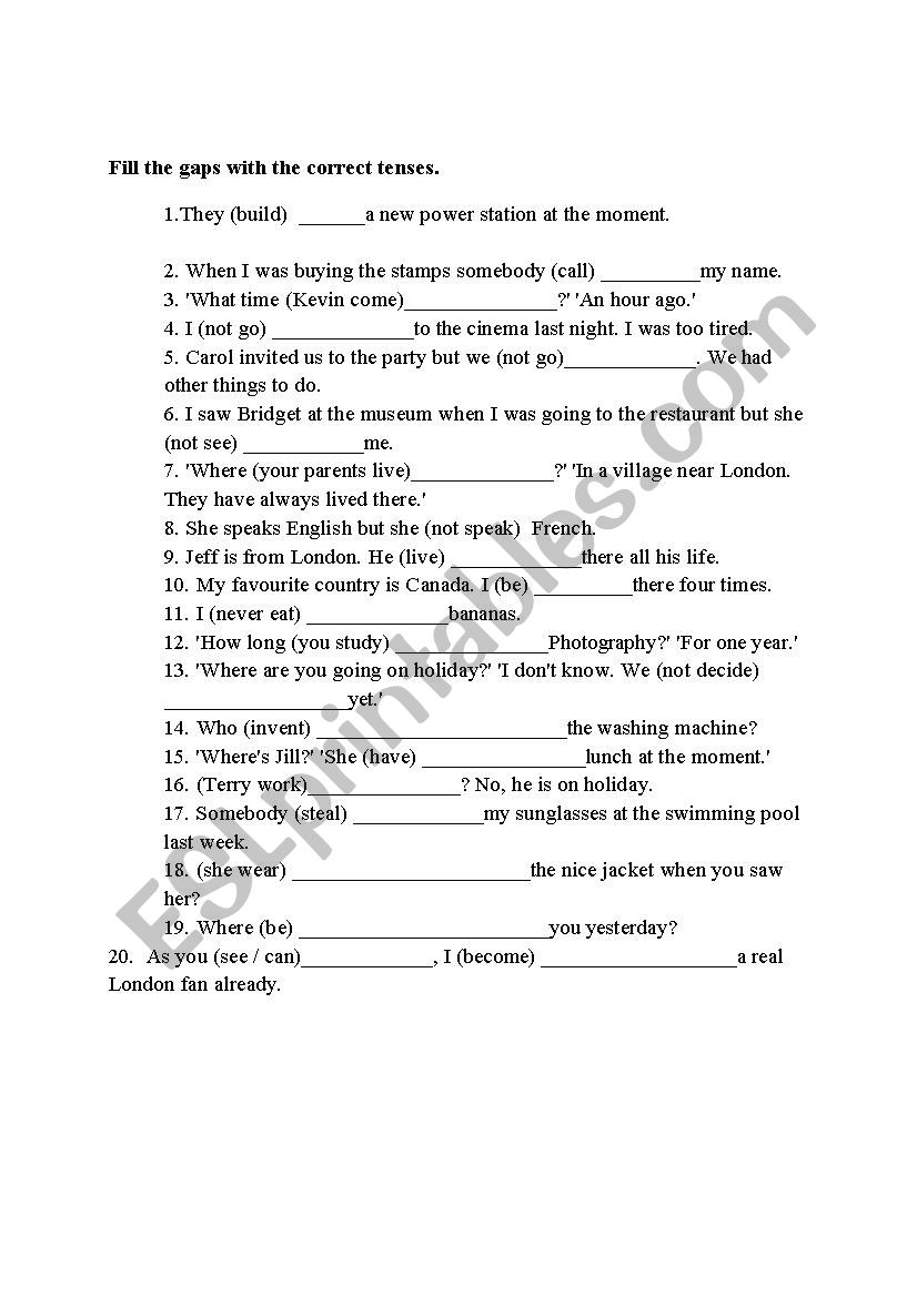 Mixed tenses worksheet