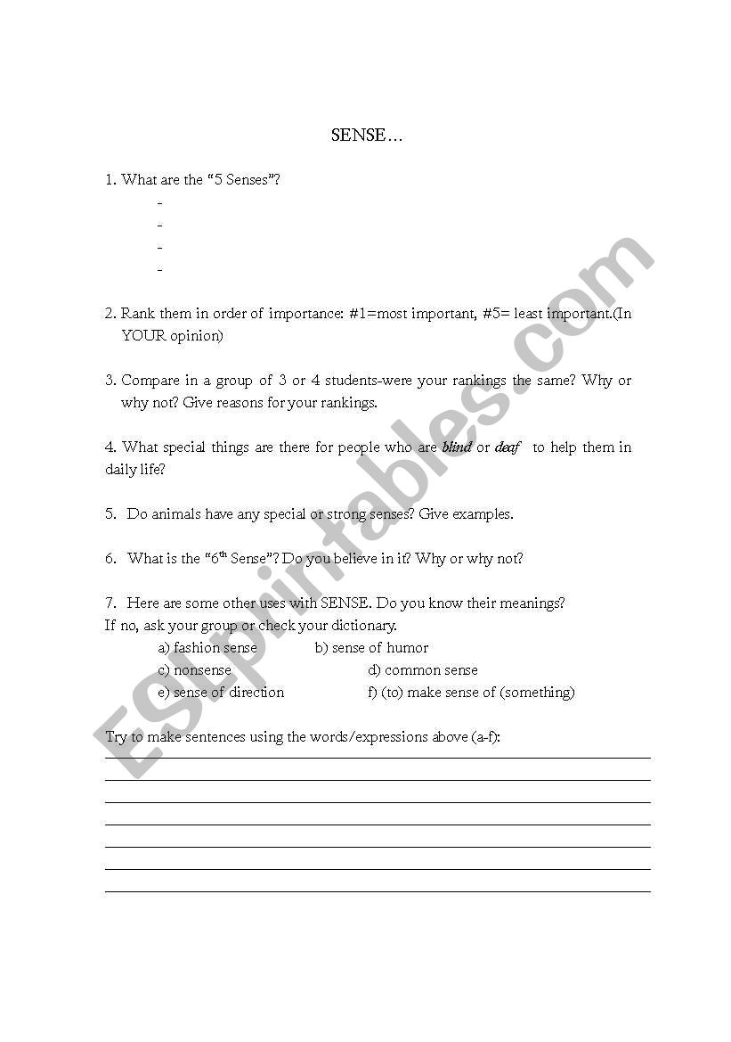 Sense worksheet