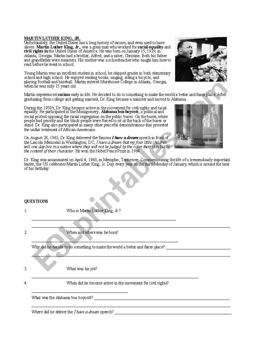 Martin Luther King Jr. Worksheet