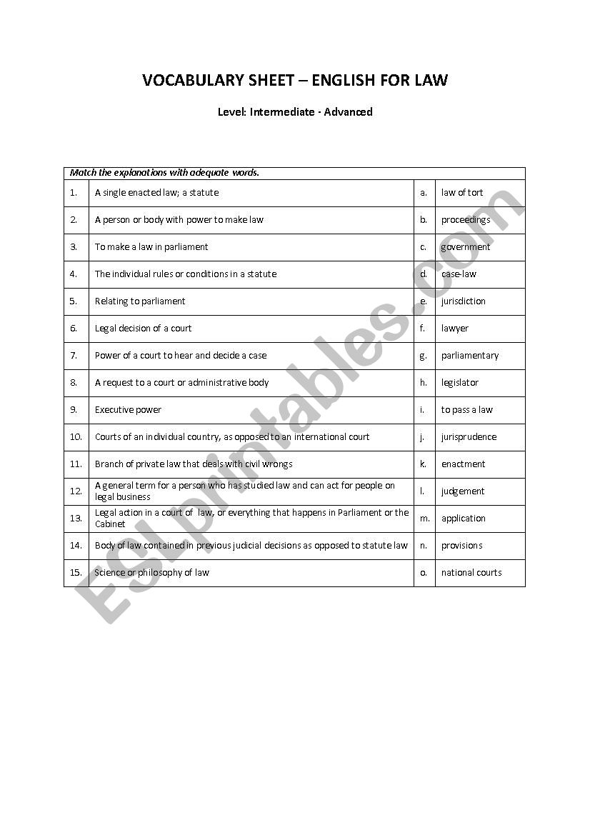Vocabulary - English for Law worksheet