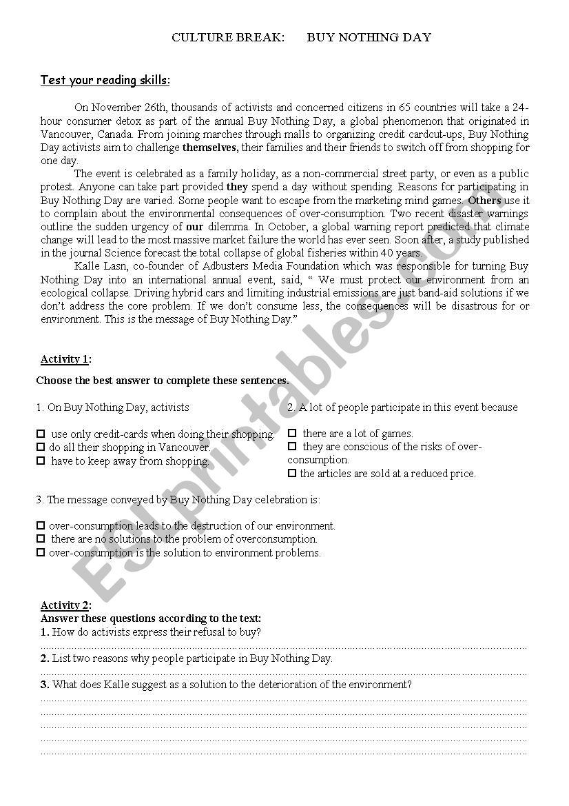 Buy Nothing Day worksheet