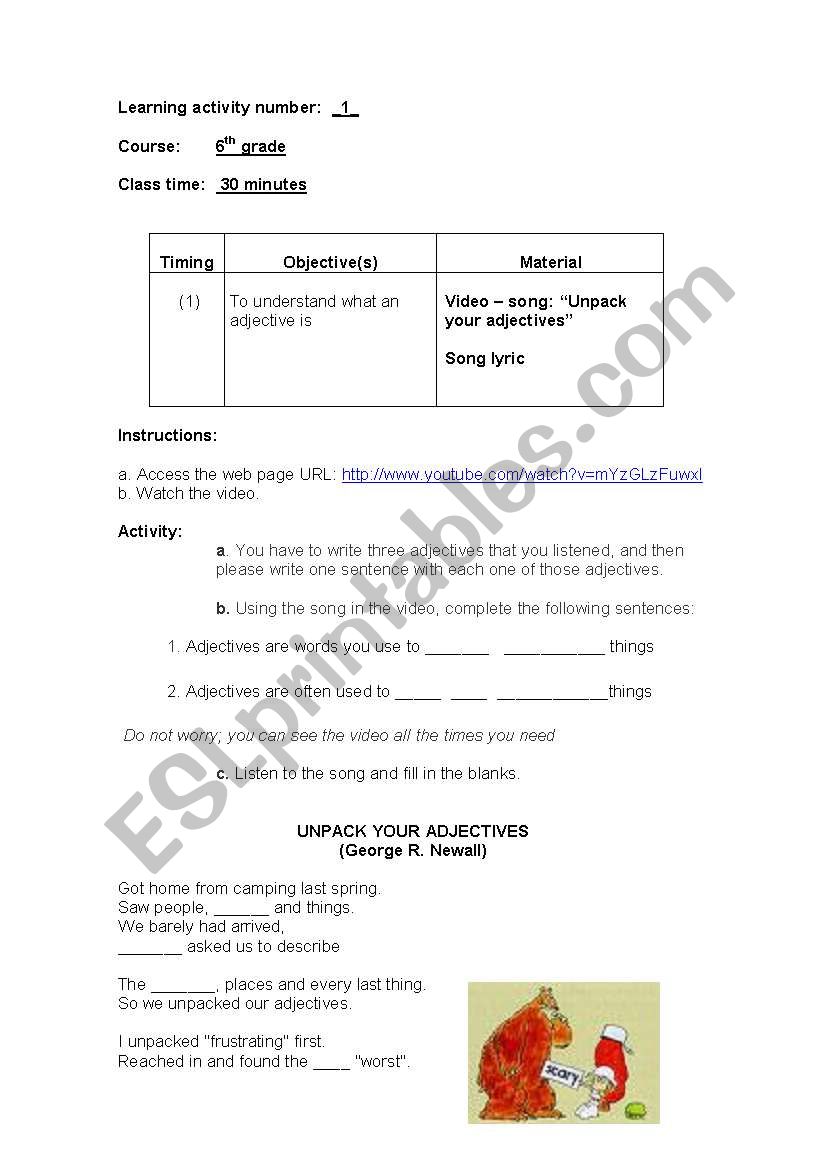 Adjectives treassure hunt worksheet