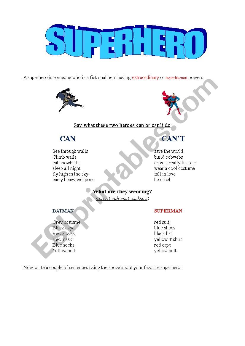 Superhero - can and cant  worksheet