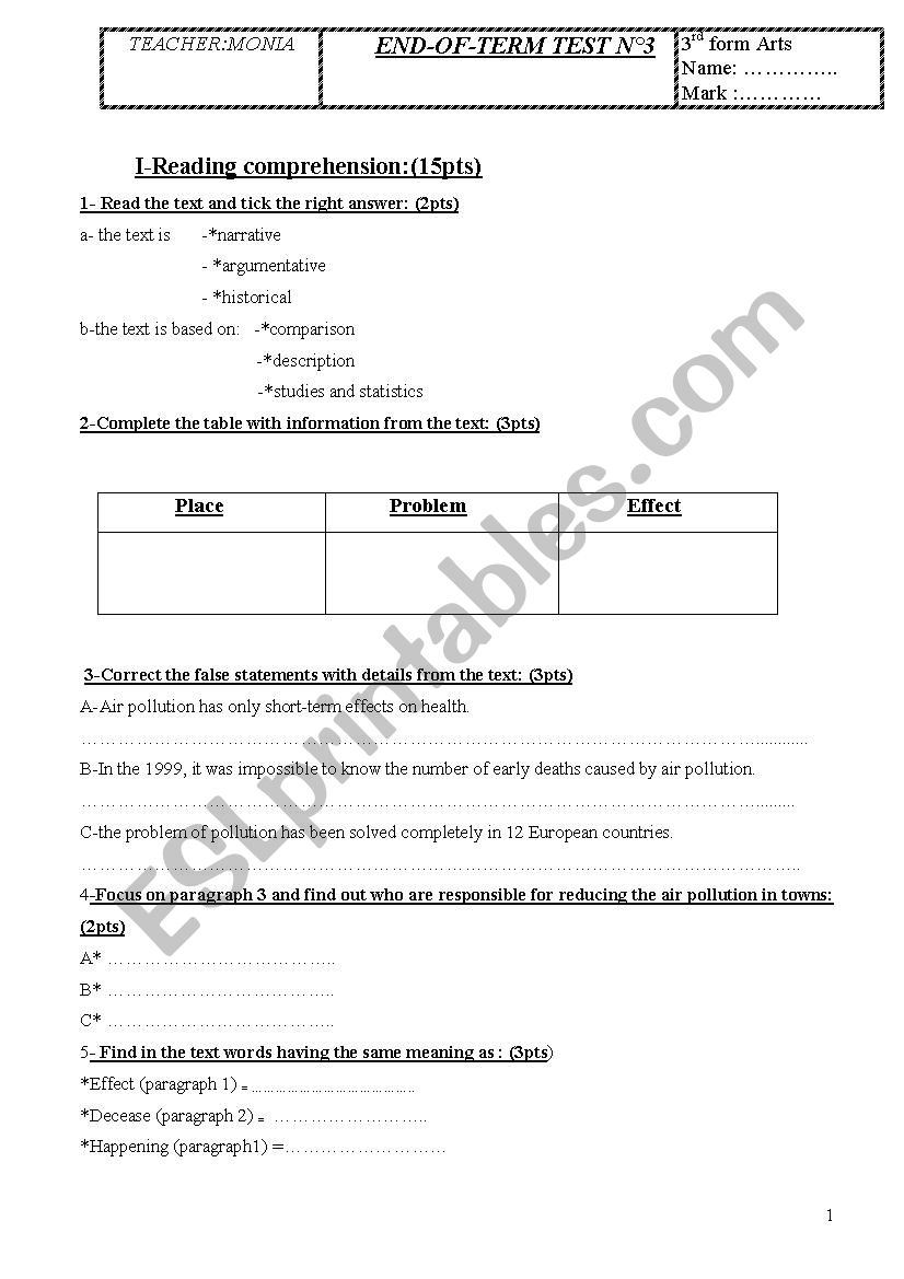 Mid-Term-Test N3 for 3rd form Arts 