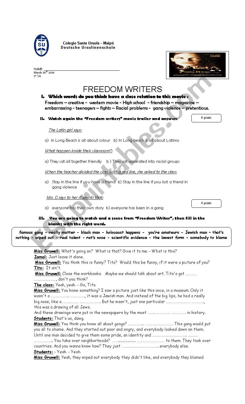 Freedom writers worksheet