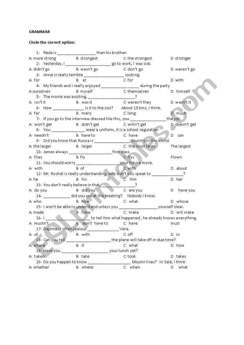 revision test worksheet