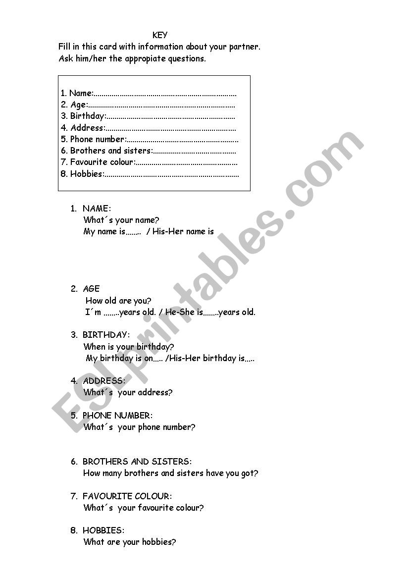 Personal Information card worksheet