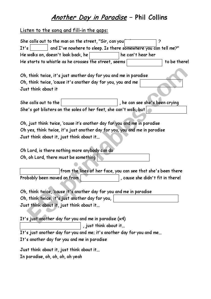 Another Day in Paradise - ESL worksheet by setxump