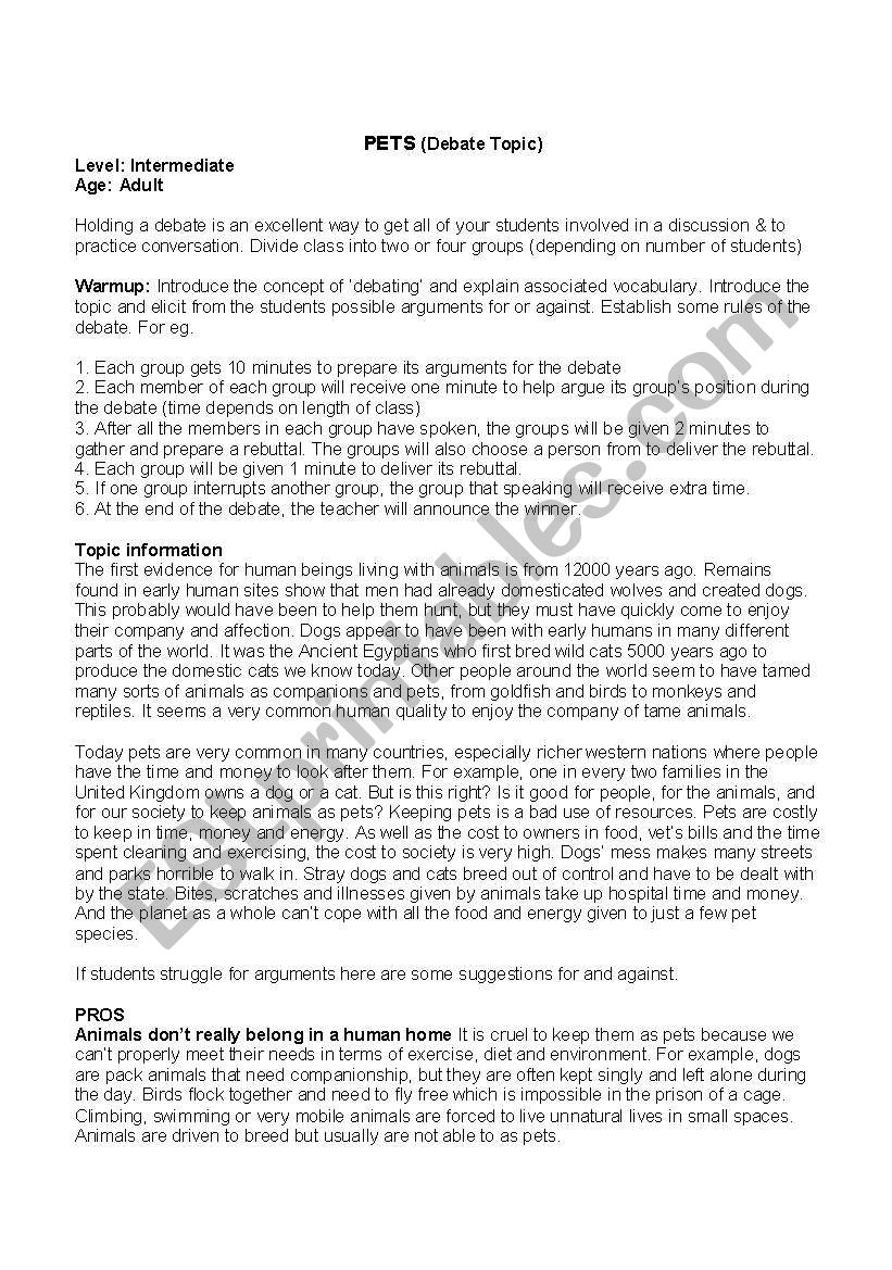 PETS (Debate Topic) worksheet