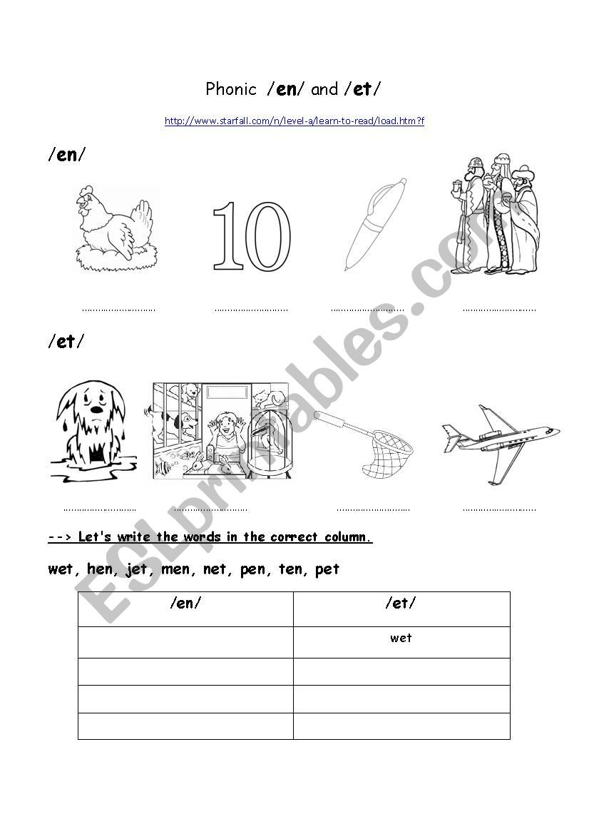 Phonics /en/ and /et/ worksheet