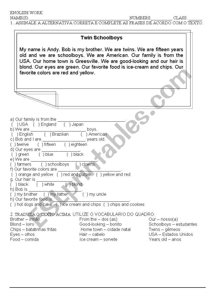 Twin Schoolboys worksheet