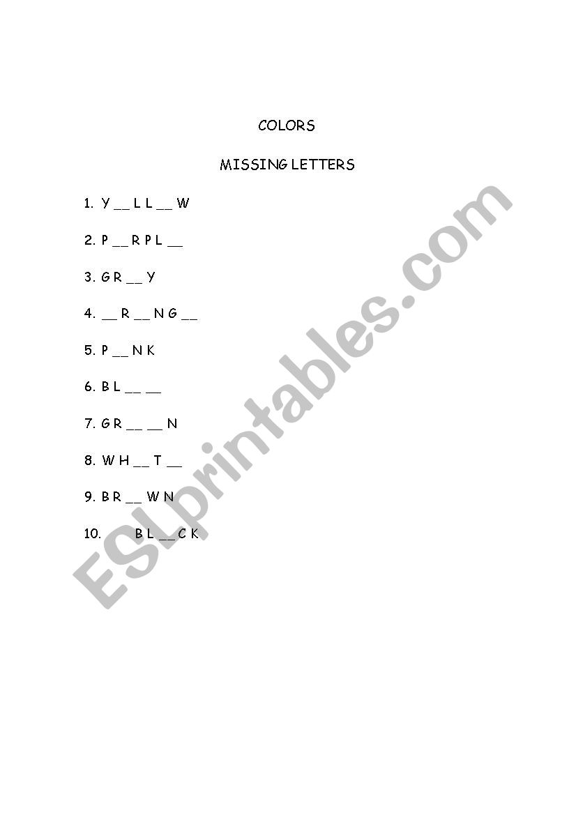 COLORS: MISSING LETTERS worksheet