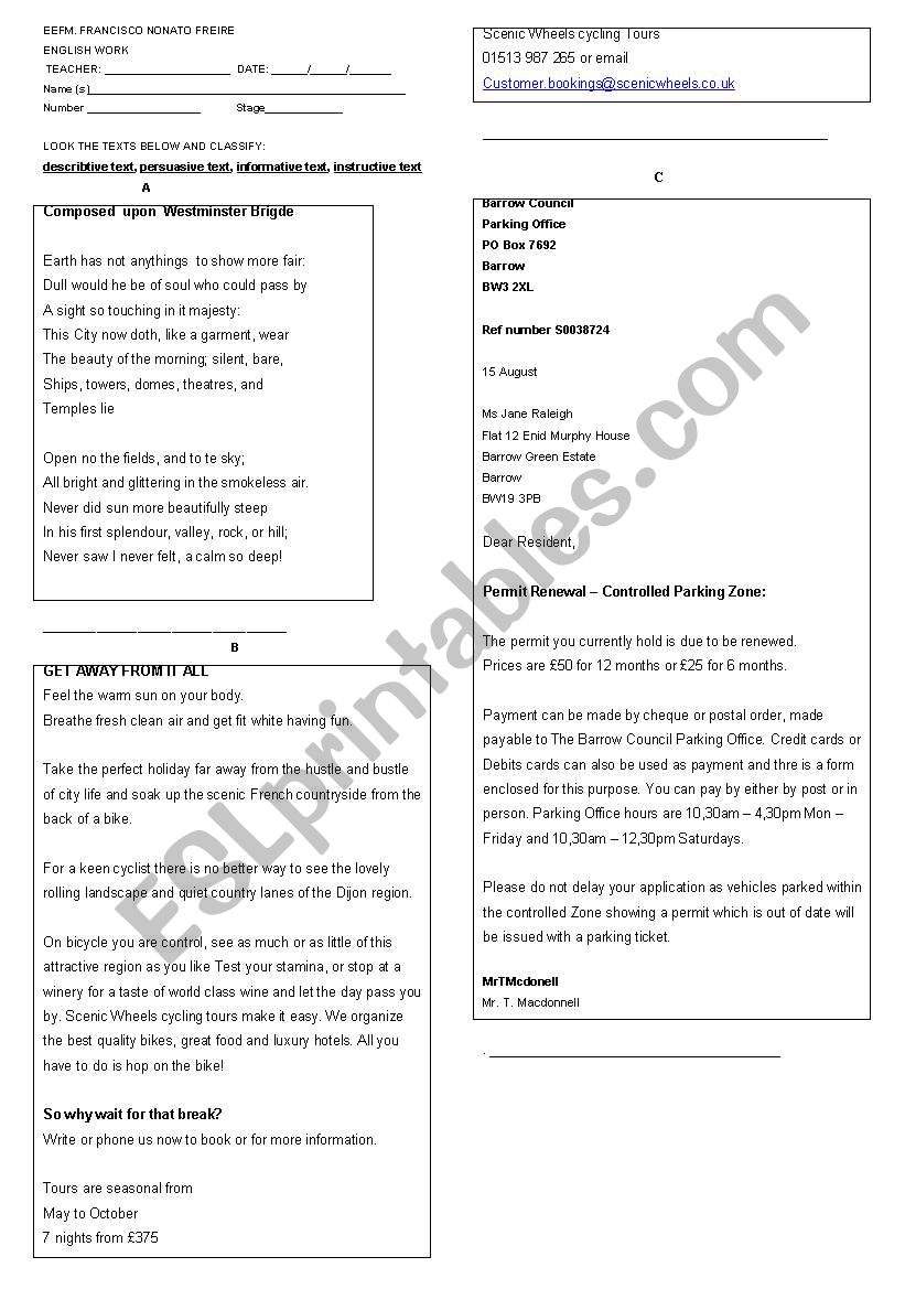types of text worksheet