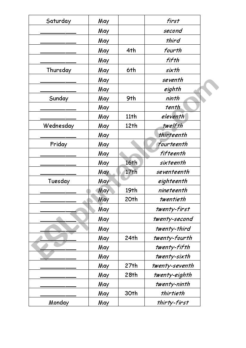 Days and month worksheet