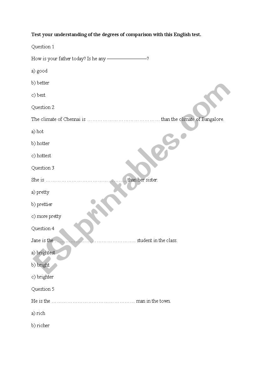 degree of comparisson worksheet