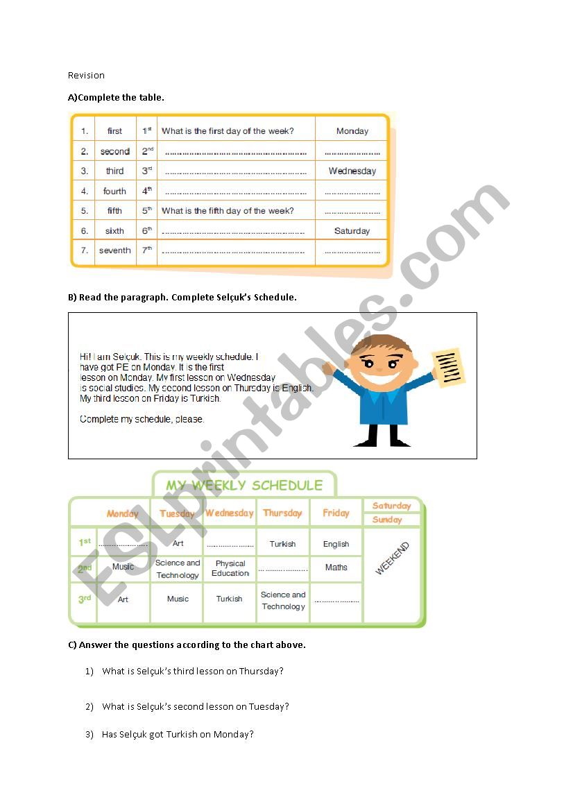 Timetables, Clocks, Days worksheet