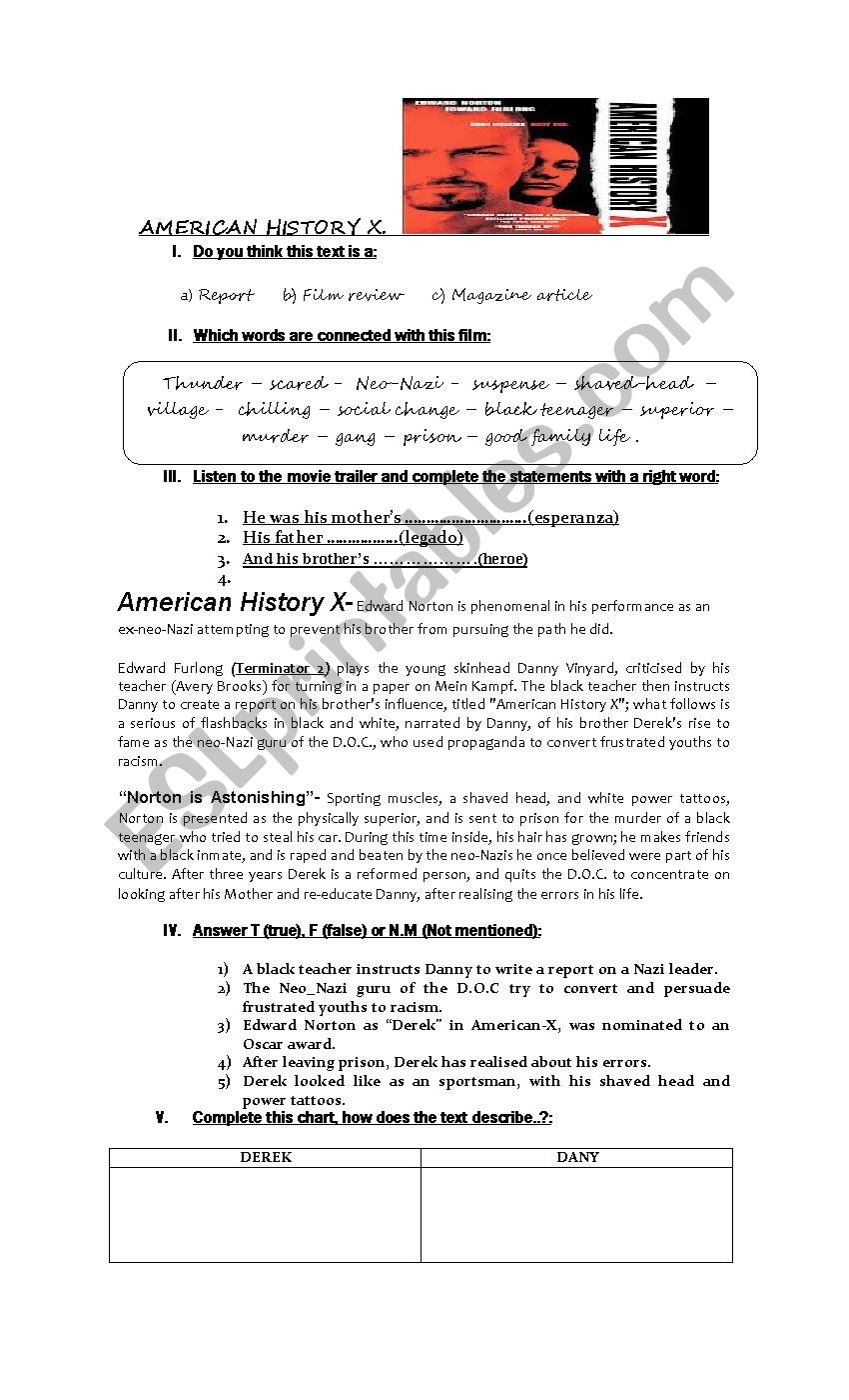 AMerican X History worksheet