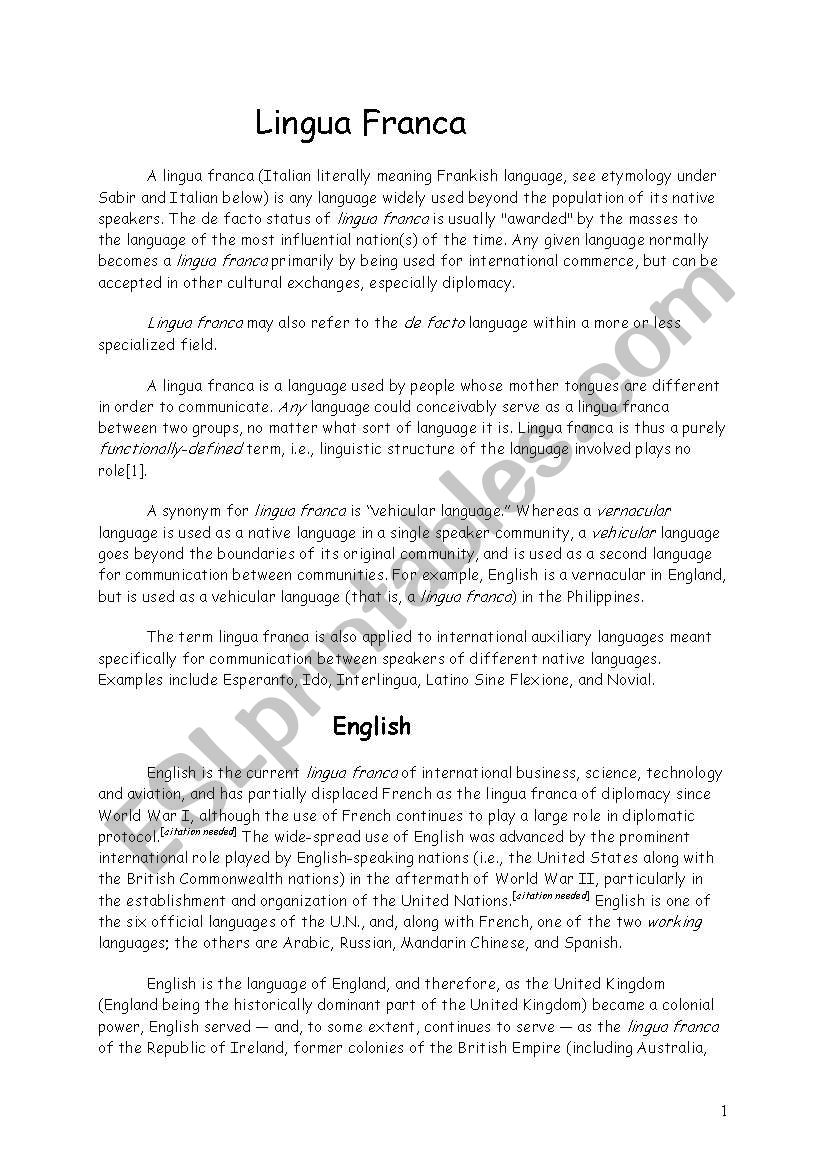 lingua franca worksheet