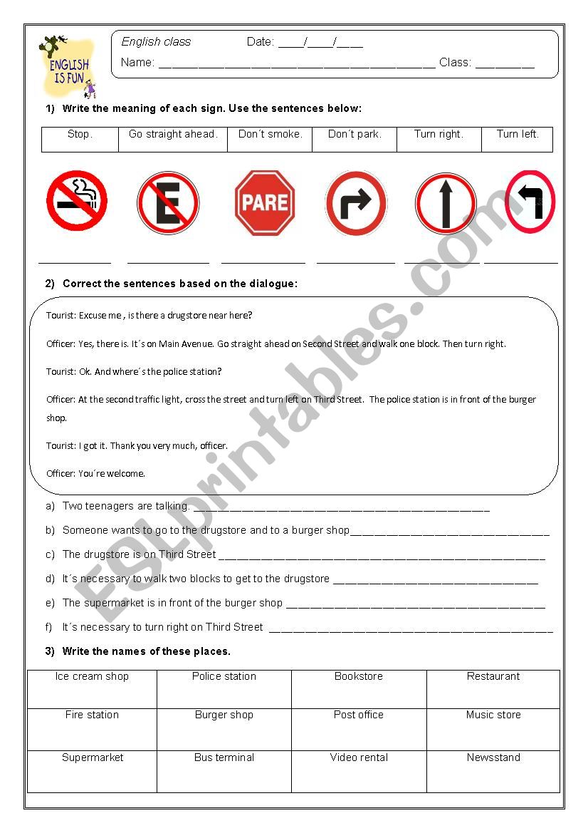 Signs and places worksheet