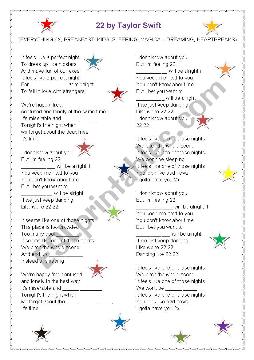 22 by Taylor Swift worksheet