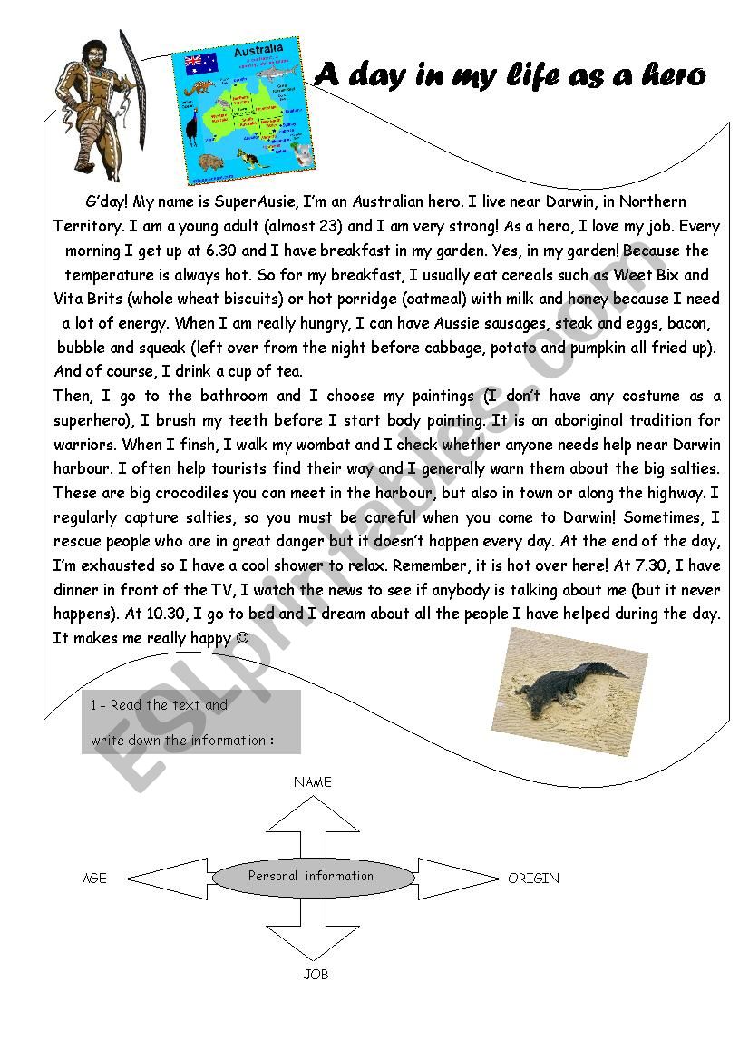 A day in my life as an Australian hero A1-A2 Reading