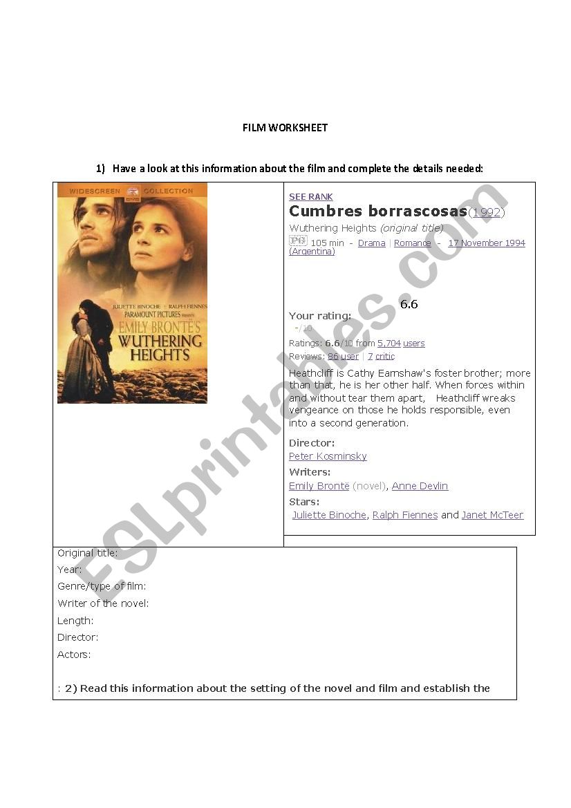 FILM WUTHERING HEIGHTS (1992) worksheet