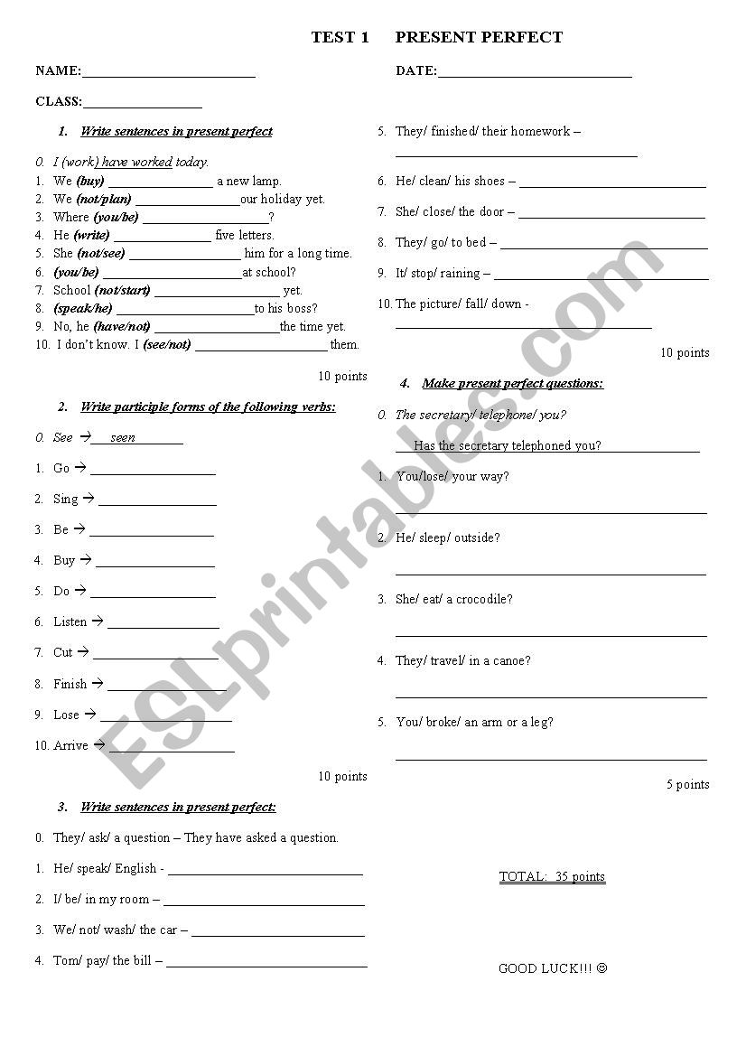 present perfect worksheet