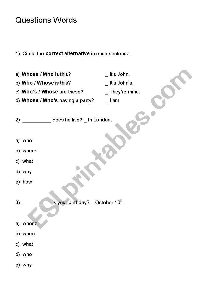 Question Words worksheet