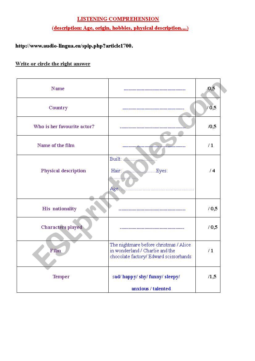 ORAL COMPREHENSION worksheet