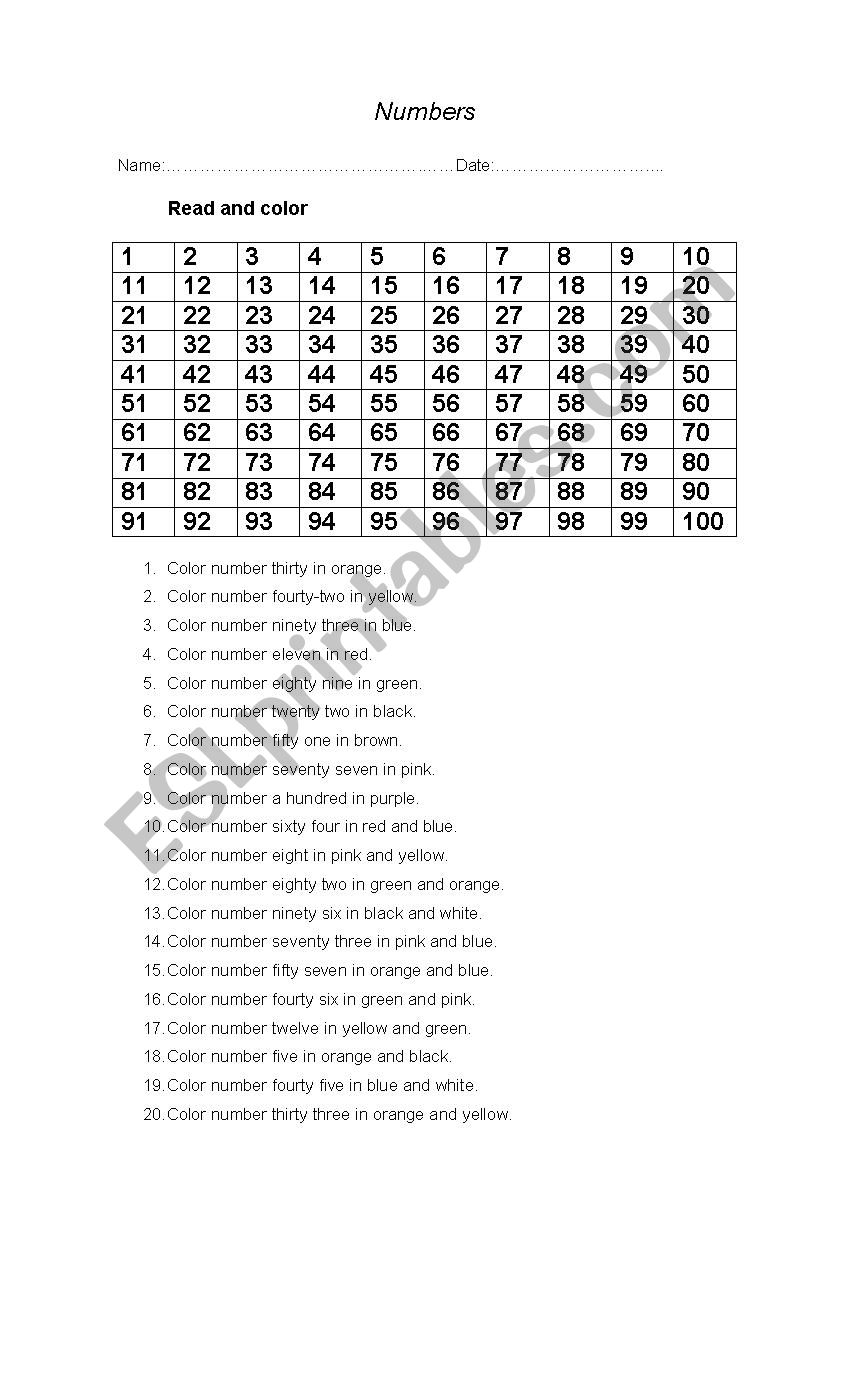 Numbers and colors worksheet