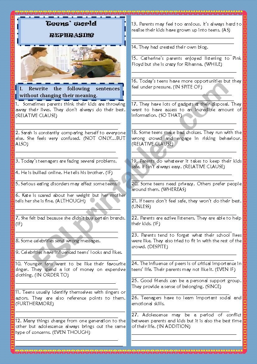 TEENSÂ´WORLD- REPHRASING worksheet