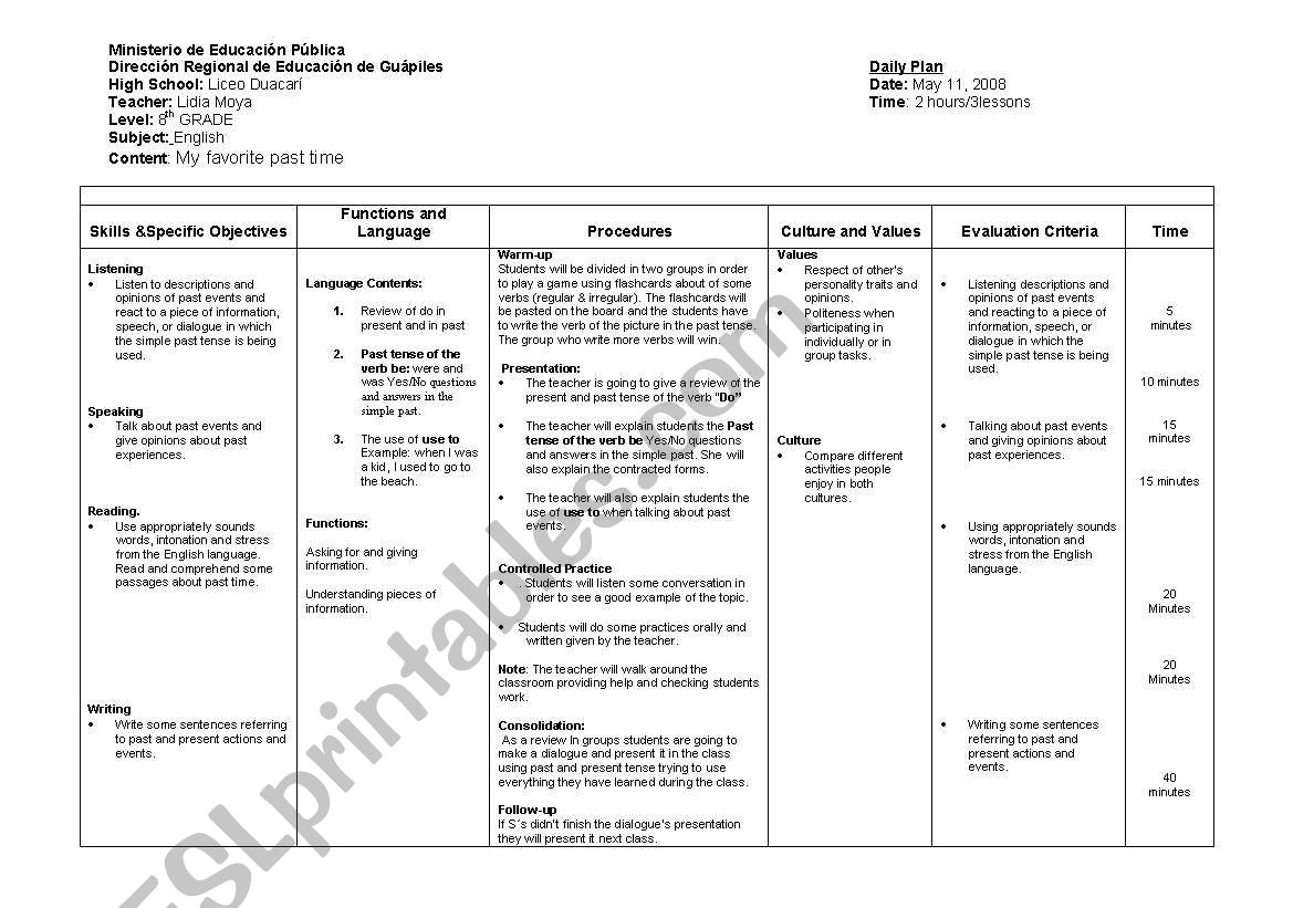 My favorite past time worksheet