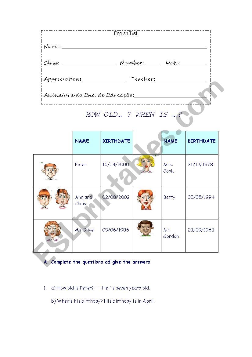 How old...when is... worksheet