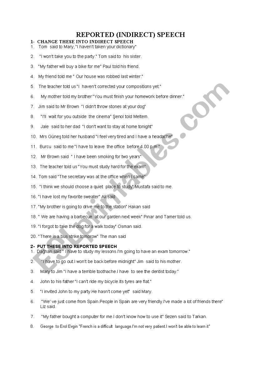 reported speech worksheet